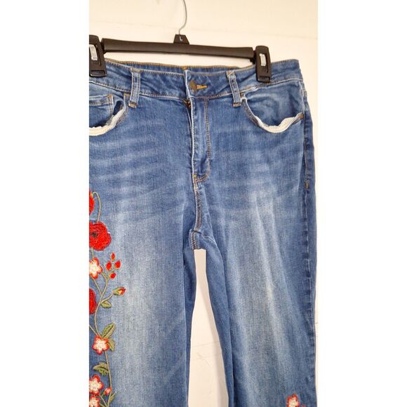 Women's Denim Jegging Embroidered Skinny Leg Mid Rise Embellished Medium Wash 12 - Picture 4 of 6